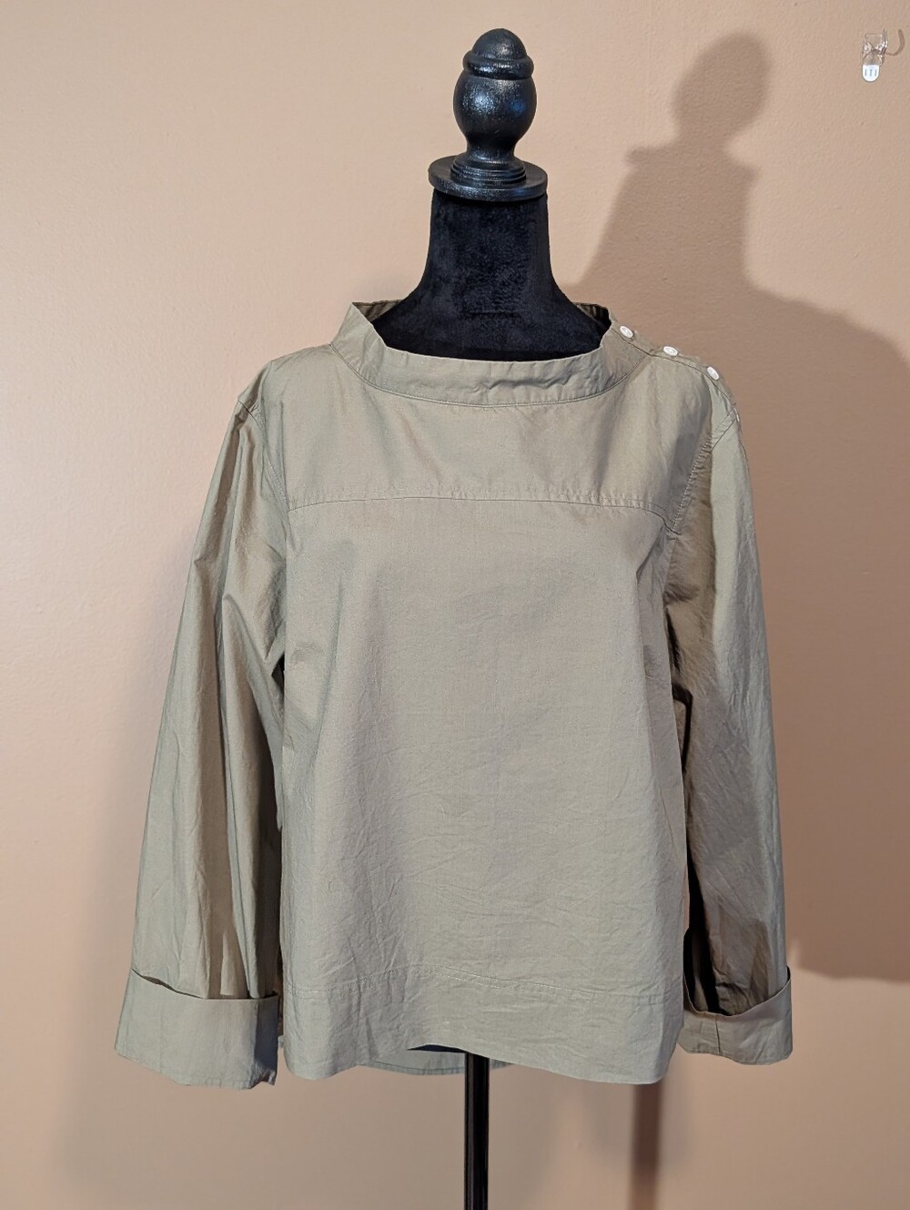 J. Crew Olive Green. White Button-Shoulder Long Sleeve Blouse. High/Low. Sz 18.